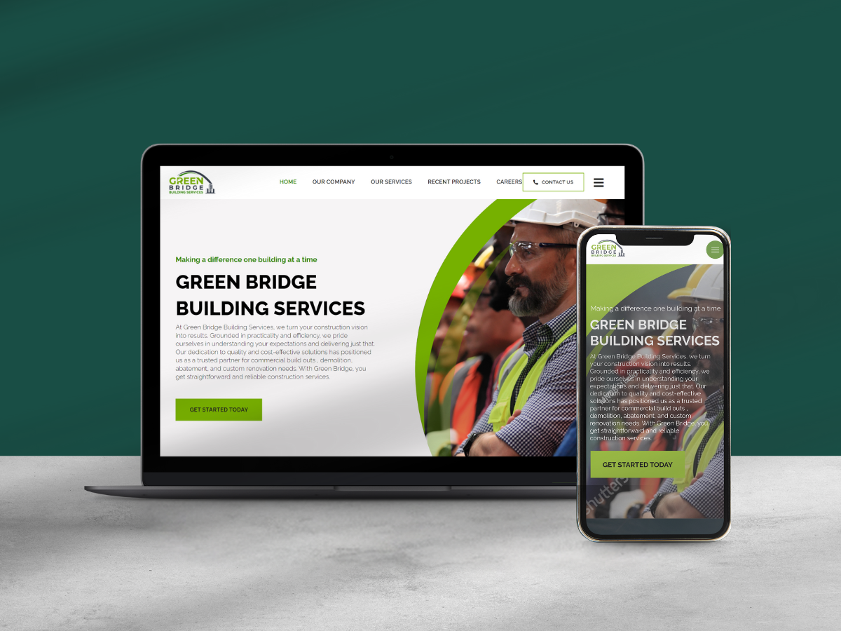 Green Bridge Group corporate website mockup - Fierce Media's clean, cohesive design showcasing energy and building services under one master brand