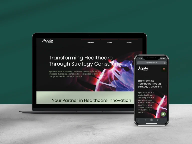 Website header for Agate Medcare, a Toronto healthcare consulting firm, showcasing their 'Transforming Healthcare Through Strategy Consulting' tagline and navigation menu