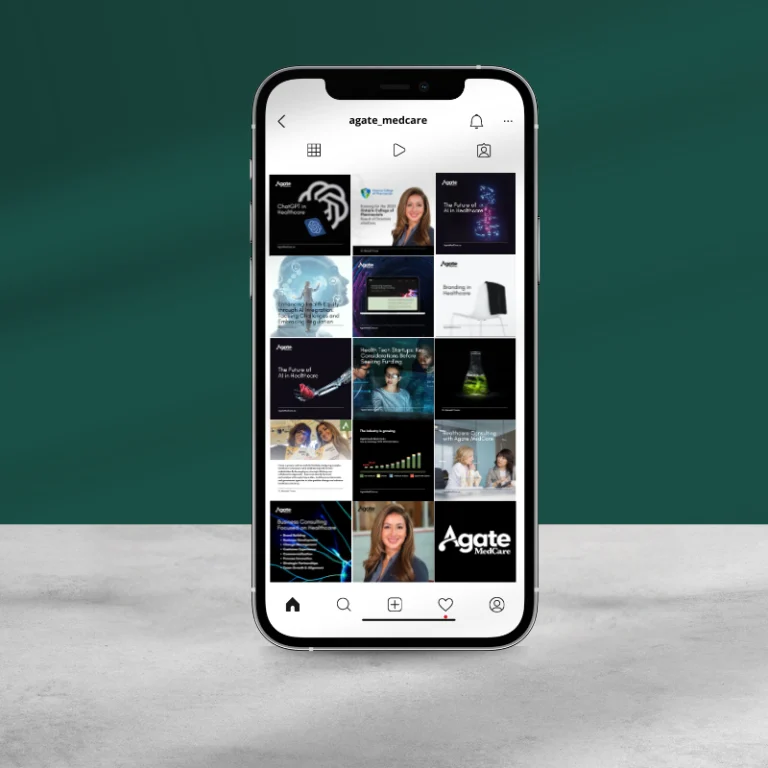 Screenshot of Agate Medcare's cohesive Instagram feed featuring healthcare consulting services, thought leadership content, and branded visuals in a clean, professional layout