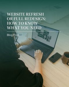 Photo of a woman sitting behind a desk lookin gat her website on her laptop
