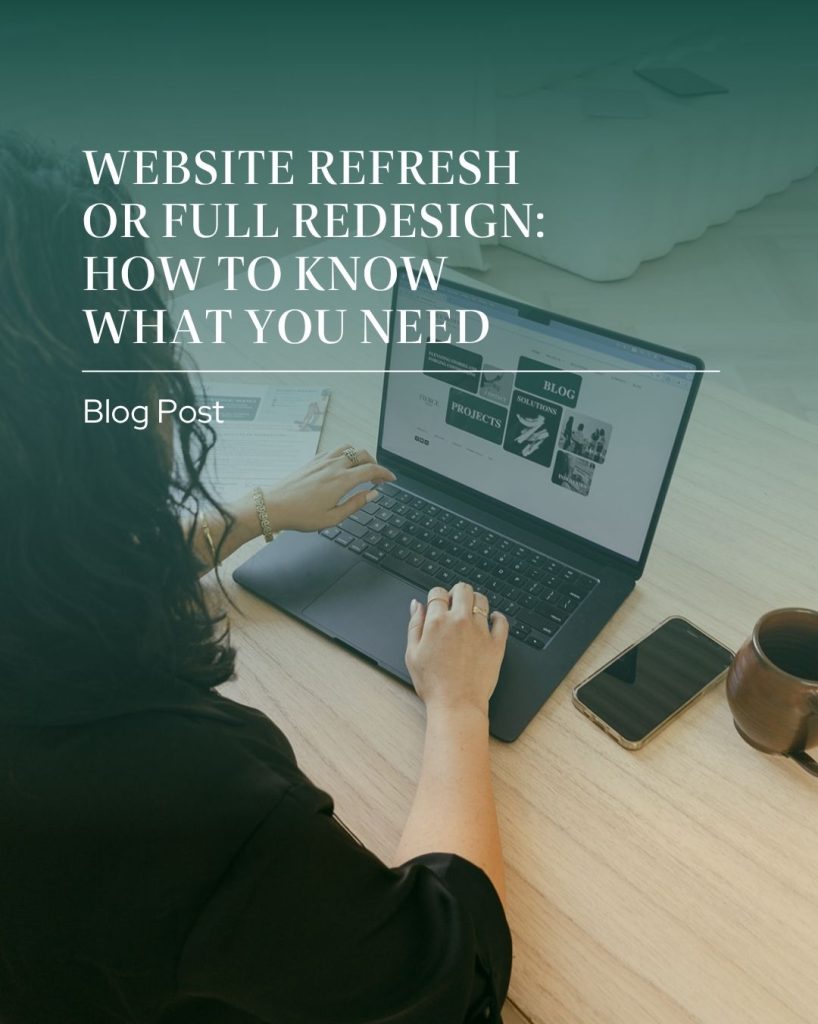 Photo of a woman sitting behind a desk lookin gat her website on her laptop