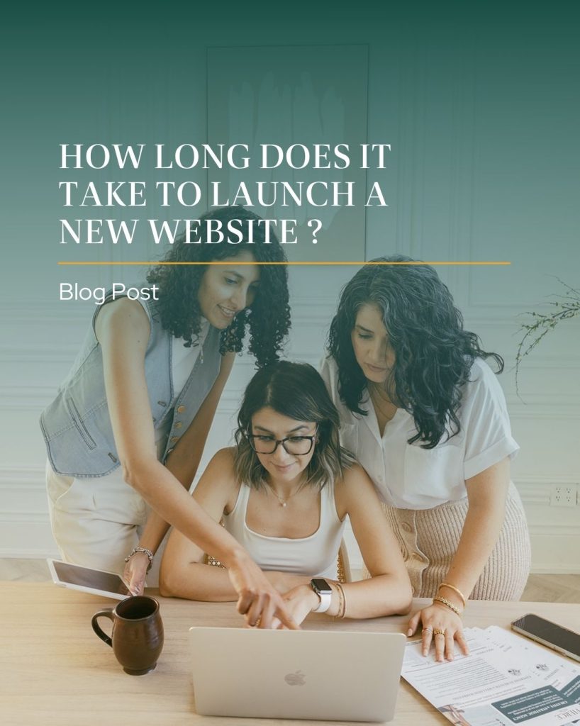 image of fierce team gathered around a laptop discussing a website design and launch time