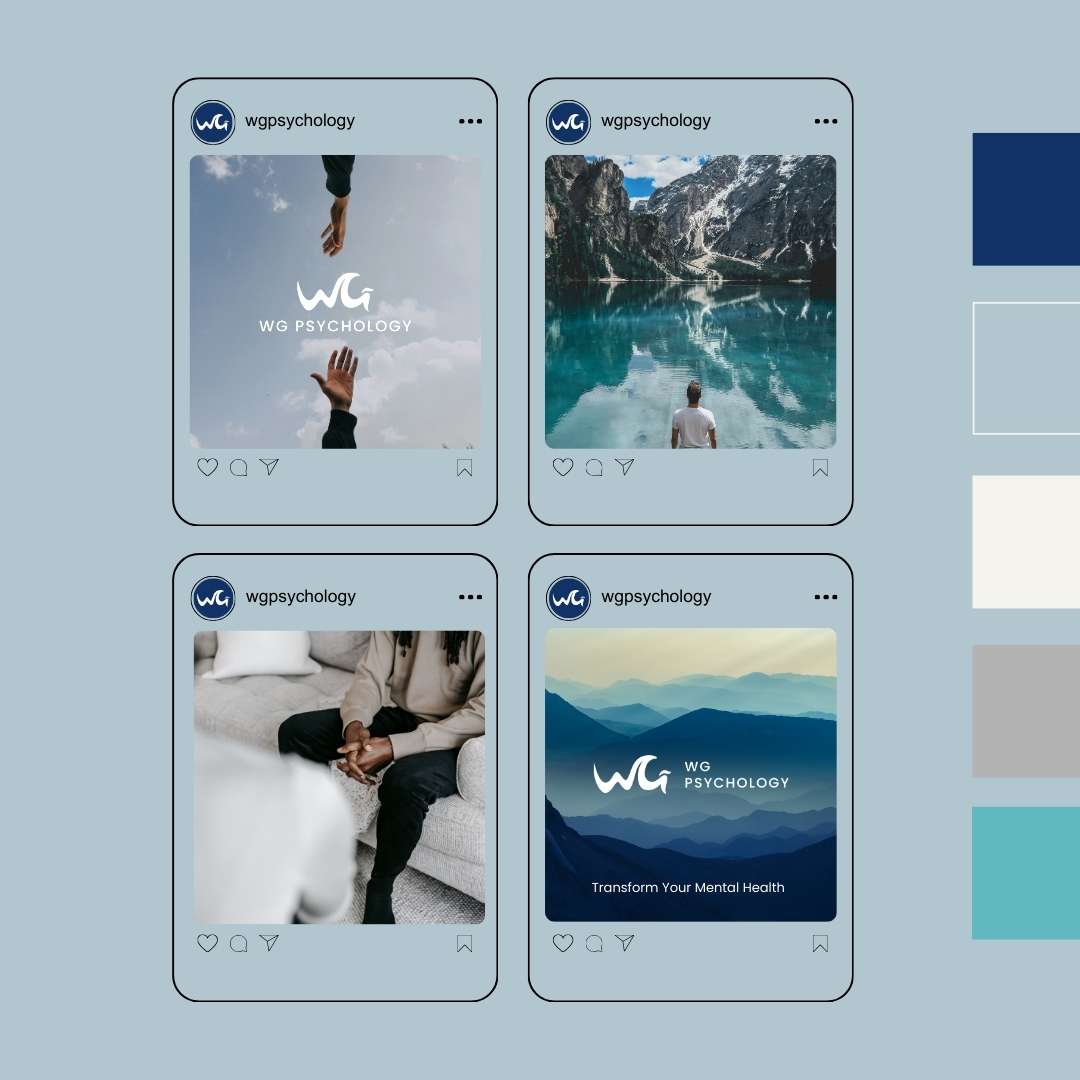 WG Psychology logo applied across social media mockups showing nature imagery, therapy sessions, and brand color palette integration.