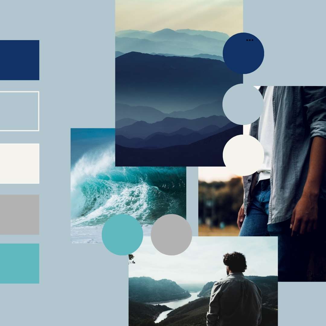 WG Psychology brand moodboard featuring refreshed color palette with navy, soft blue, teal, cream, and gray alongside nature imagery of mountains, ocean waves, and rivers