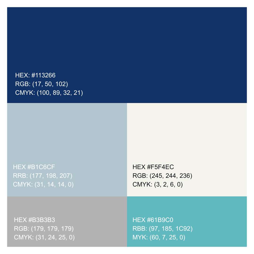 WG Psychology refreshed brand color palette with five swatches in navy, light blue, teal, cream, and gray, including HEX, RGB, and CMYK codes