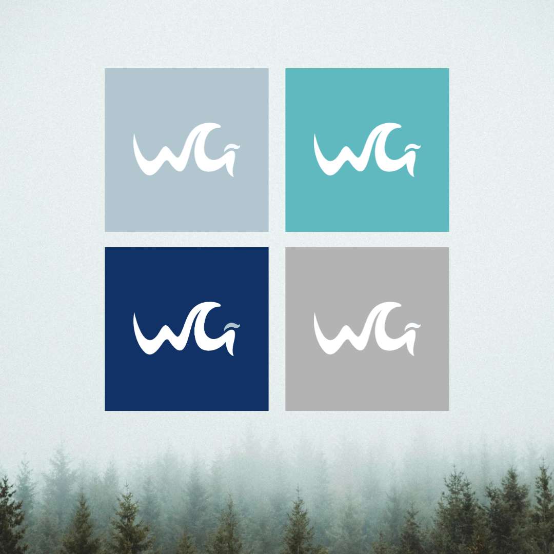 WG Psychology logo variations displayed in four brand colors: light blue, teal, navy, and gray, shown on a background of misty forest trees.