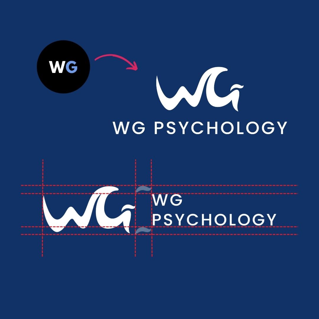 Logo redesign process for WG Psychology showing transition from original black circle WG icon to modern wave-inspired WG wordmark with grid alignmen