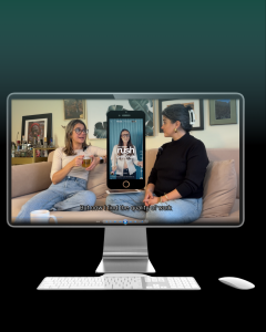 Conversation on social media trends displayed on a computer screen with a short-form video overlay.