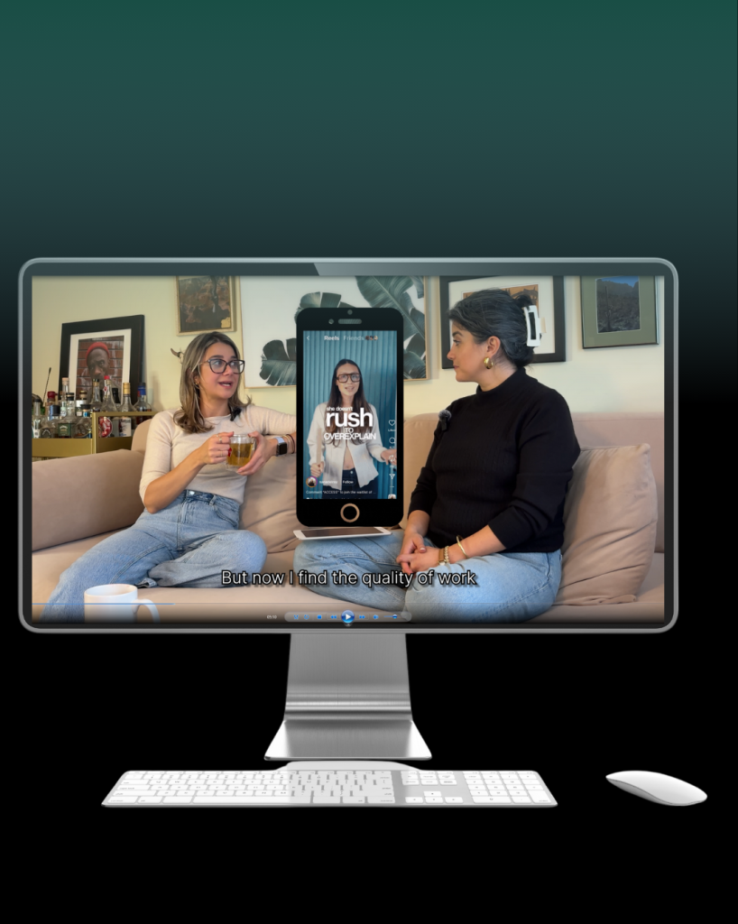 Conversation on social media trends displayed on a computer screen with a short-form video overlay.