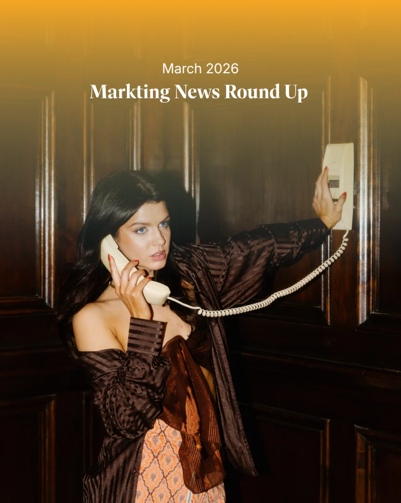 Marketing news roundup cover image featuring a woman on a phone in a vintage-style setting, representing fast-moving conversations and shifts in social media, algorithms, and digital marketing trends in March 2026