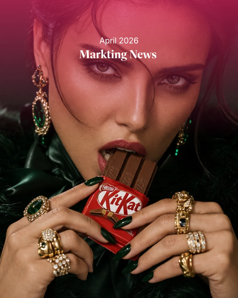 High-fashion close-up of woman in luxury green styling eating a chocolate bar, representing the viral KitKat heist and the intersection of culture, storytelling, and brand marketing